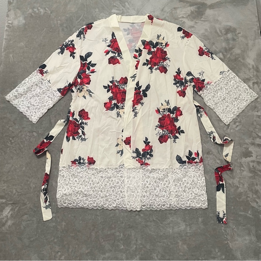 Chic Floral White Red 3/4 Sleeve Tie Robe Lace Trim 4XL Plus Size Loungewear